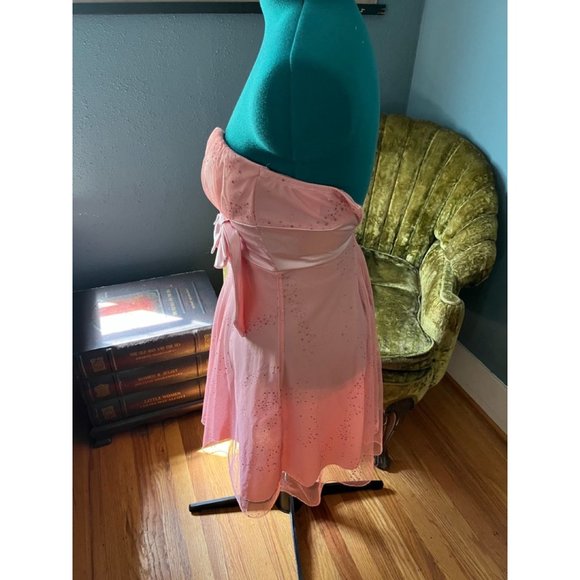 90s-Y2K Peach Sparkle Net Strapless Dress with Satin Bow and Waist Belt Barbieco - Picture 5 of 9
